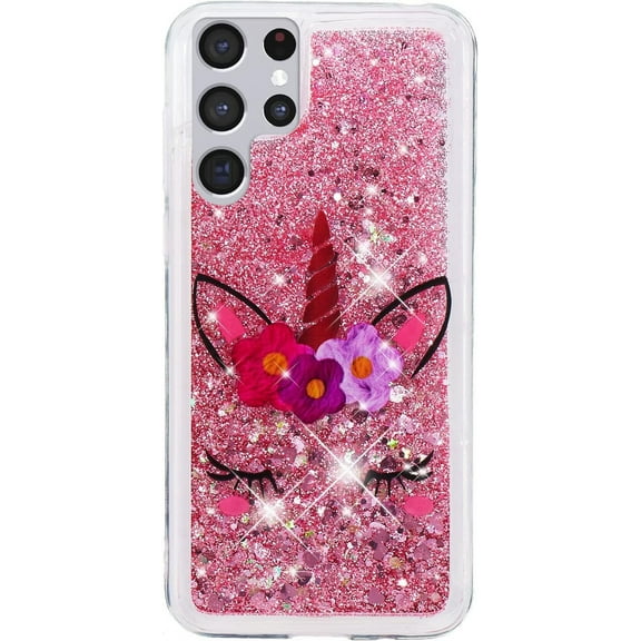 Case for Samsung S24 Ultra, Galaxy S24 Ultra Case Cute Pink Glitter Luxury Sparkle Liquid for Girls Women Quicksand Clear Soft TPU Protective Case for Samsung Galaxy S24 Ultra Wink Unicorn