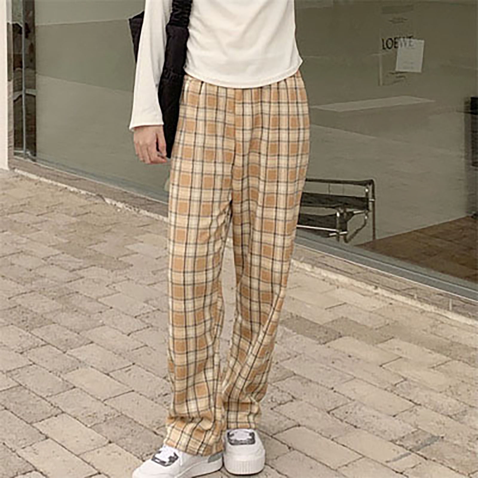 Casual Pants High Pockets Waisted Fleece Trousers Plaid Womens Lined Fall Leg Warm with Winter Pants Straight Lounge