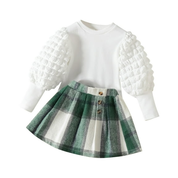 Fozruso Summer Outfits Sets Toddler Kids Baby Girls Puff Sleeve Long Sleeve T Shirt Tops Button Woolen Plaid Skirts 2PCS Outfits Clothes Set,2-3 Years(Green)