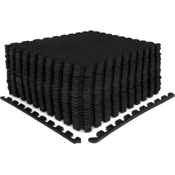 BarefHaven 24 Tiles Exercise Flooring With Border, Non-Slip EVA Foam Protective Mats, Elastic Puzzle Play, 1/2" Interlocking Floor for Home Gym, Fitness Room, Workshop Equipment (Black)