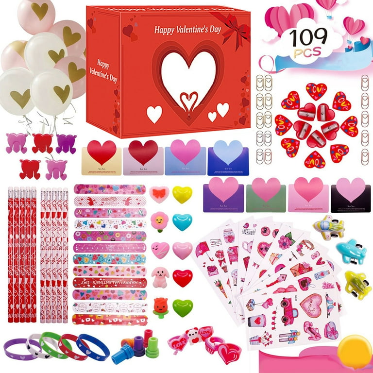 190 Pack Valentines Day Party Favors for Kids Valentine Rubber  Bracelet Pre Filled Hearts Box Exchange Cards Stickers Ring Valentines Day  Gifts for Kids Classroom Rewards Prizes Goodie Bag Stuffers 