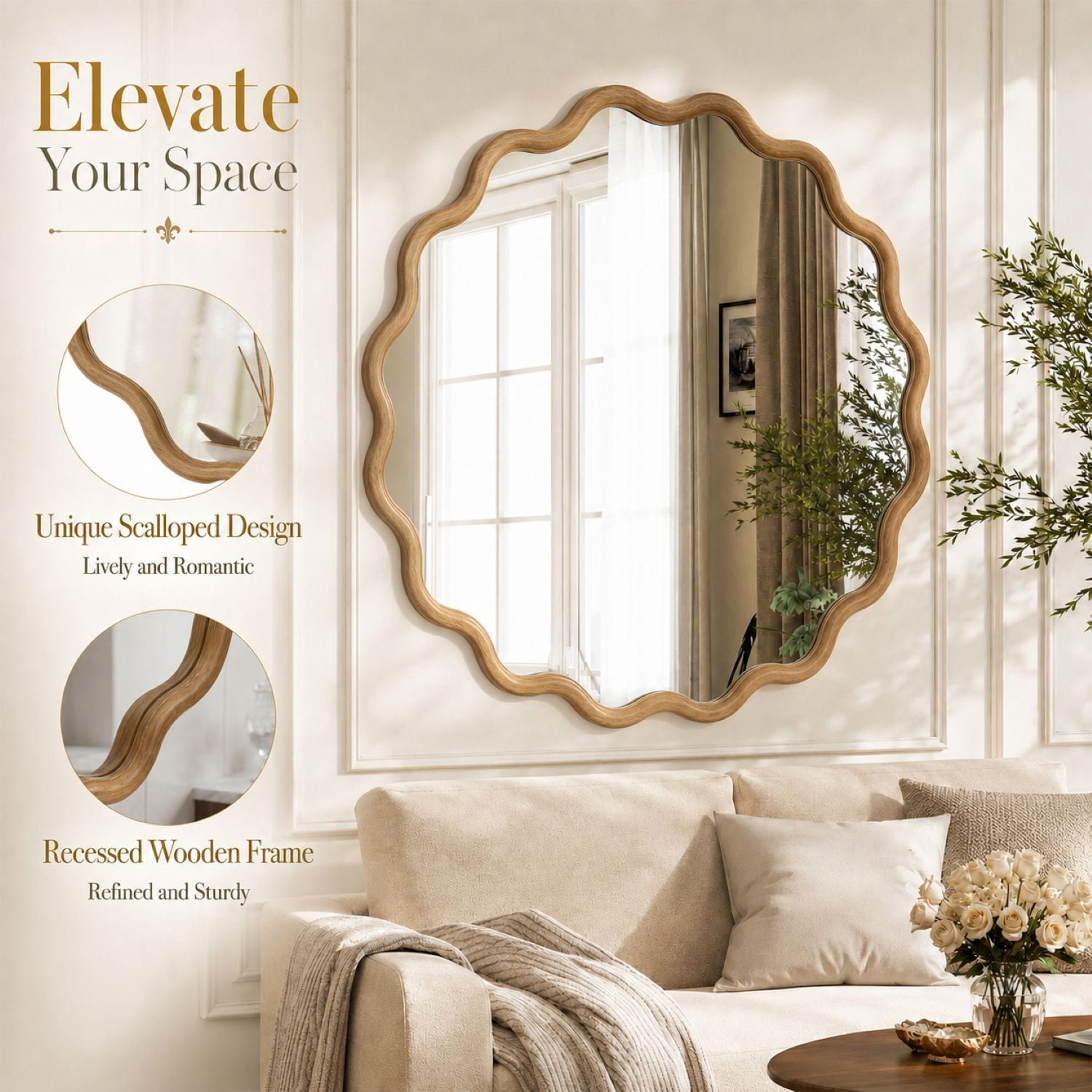 Easy4Home 30" x 30" Wavy Round Bathroom Mirror Wall Decor with Wooden Frame, Natural Wood