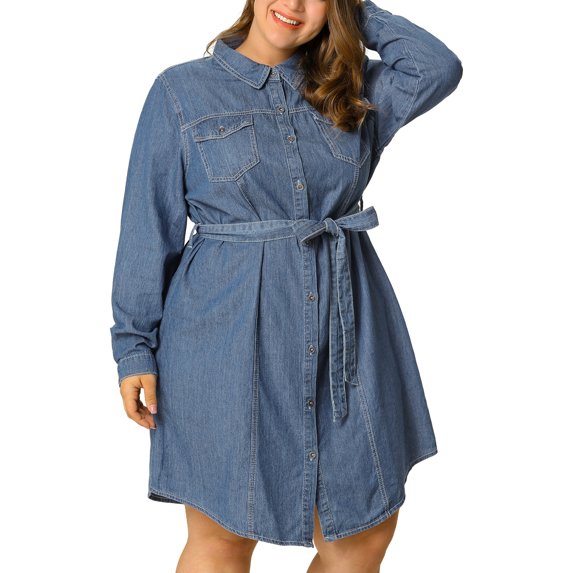 Agnes Orinda Women's Plus Size Long Sleeves Button Denim Shirts Dress