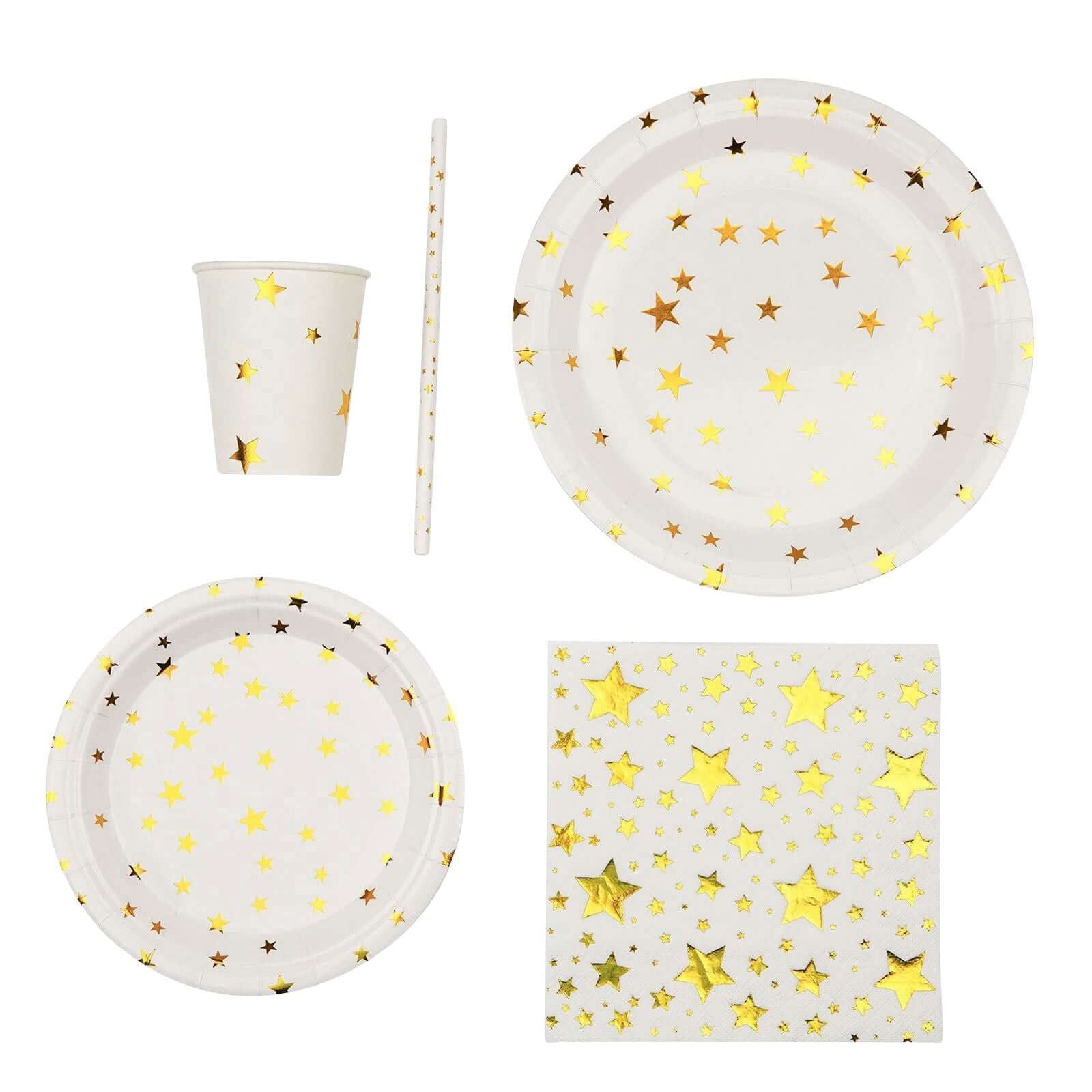 Efavormart 120 Pcs White/Gold Stars Disposable Party Supplies Kit, Paper Plates Cups Napkins Tableware Combo Pack