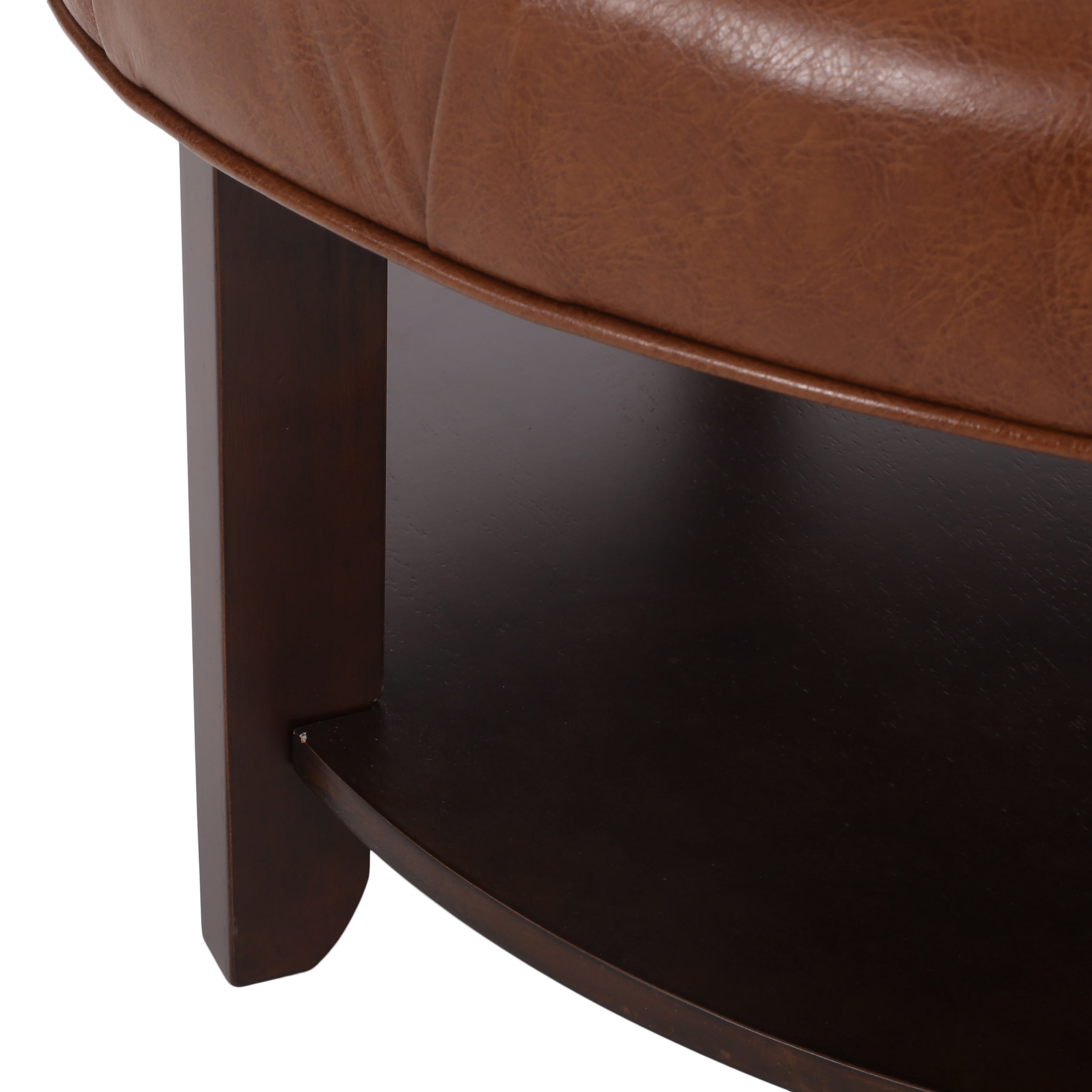 Noble House Aldrich Faux Leather and Wood Tufted Round Ottoman with Open Shelf, Cognac Brown and Espresso