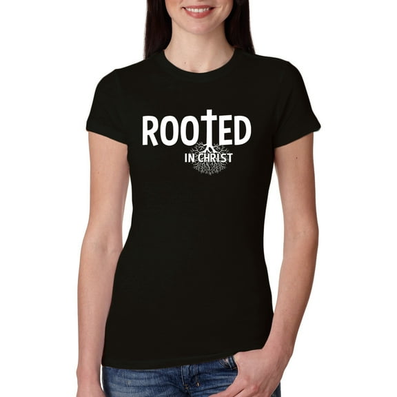 Wild Bobby Rooted in Christ Inspirational/Christian Women Slim Fit Junior Tee, Black, Small