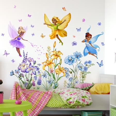 Flower Fairy Wall Stickers，Butterfly Girl Wall Decals，transparent stickers Removable Vinyl Wall Art Sticker for Girls Baby Nursery Kids Bedroom Living Room Bathroom