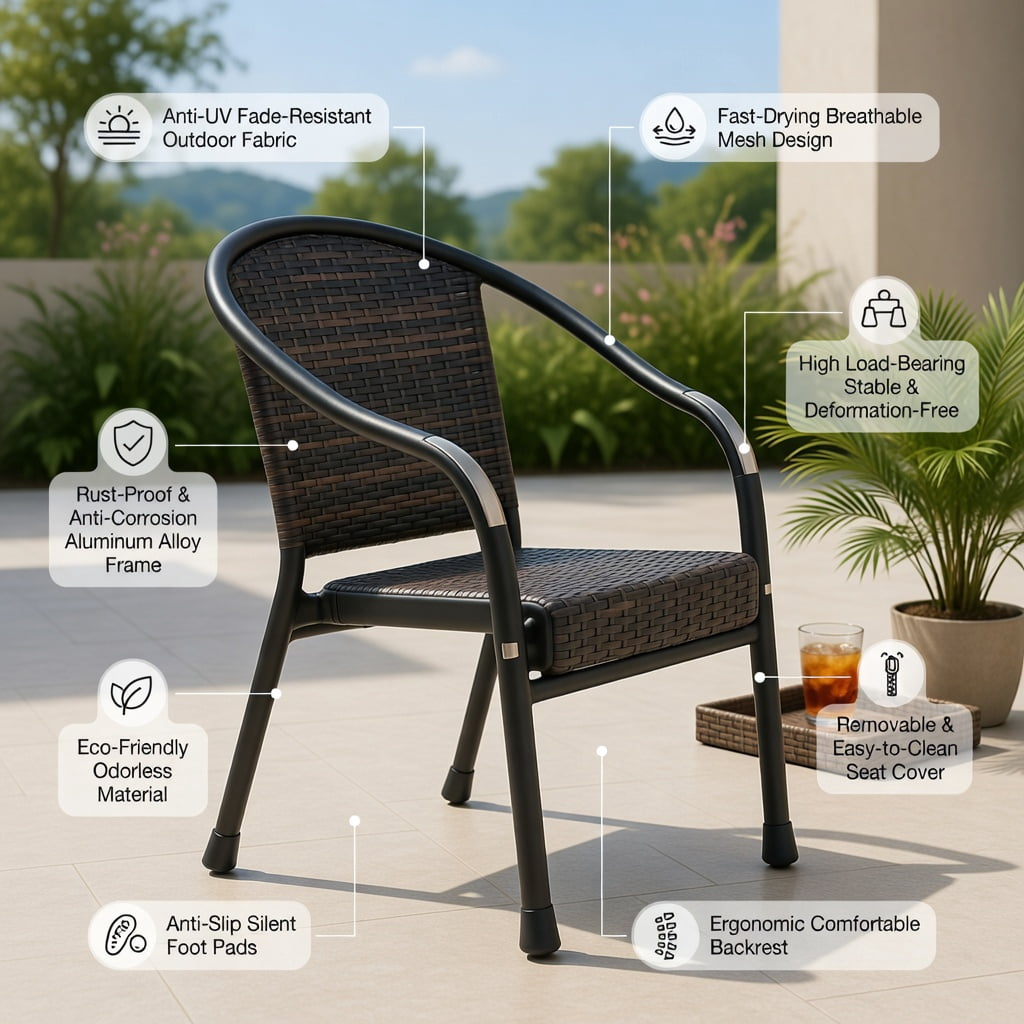 Hommoo 3-Piece Outdoor Rattan Rocking Bistro Set, 2 Rocking Chairs + Coffee Table with Cushions, PE Rattan & Acacia Wood, Weather-Resistant Patio Furniture, White