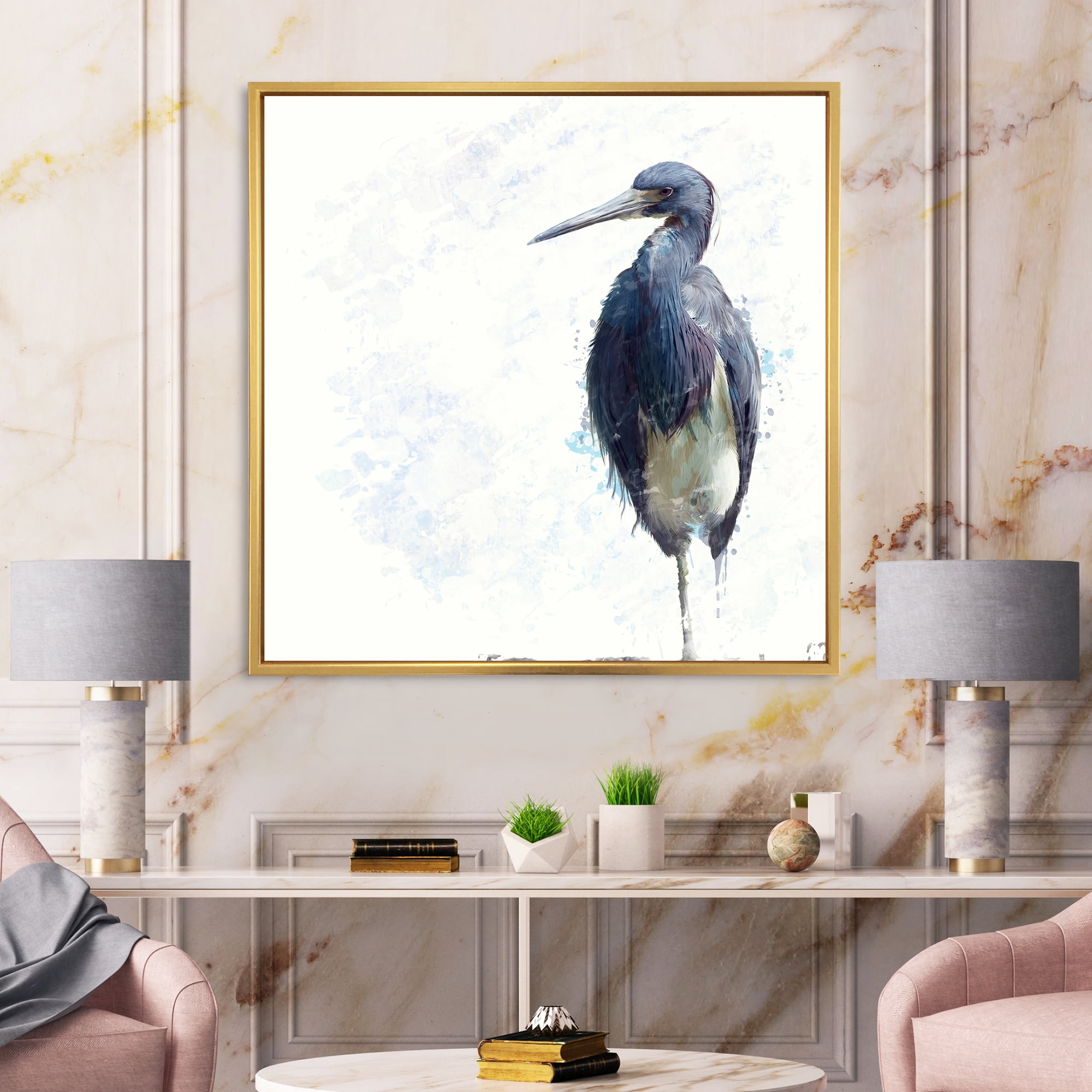 Tricolored Heron Bird On White 16 in x 16 in Framed Painting Canvas Art Print, by Designart
