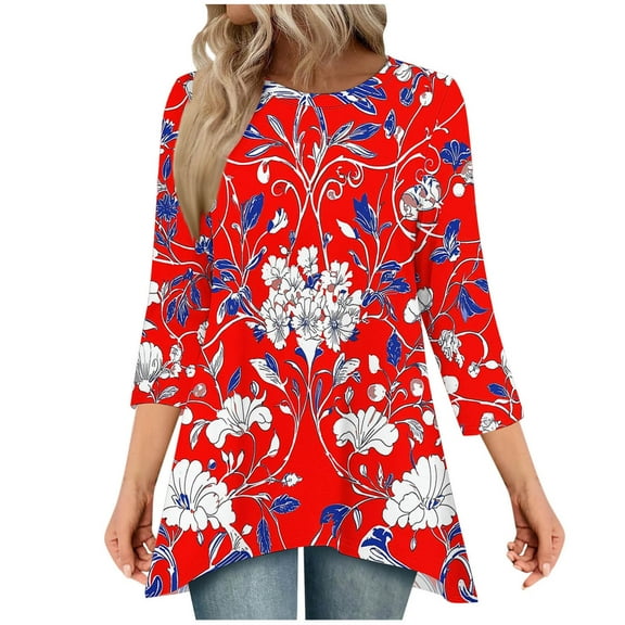 CYMMPU Summer Fashion Shirts 3/4 Sleeve Blouses for Women Dressy Casual Floral Pattern Tunic Tops Loose Fit Crew Neck Spring Tops Flare Hem Hide Belly Tops to Wear with Leggings T-Shirts Red S
