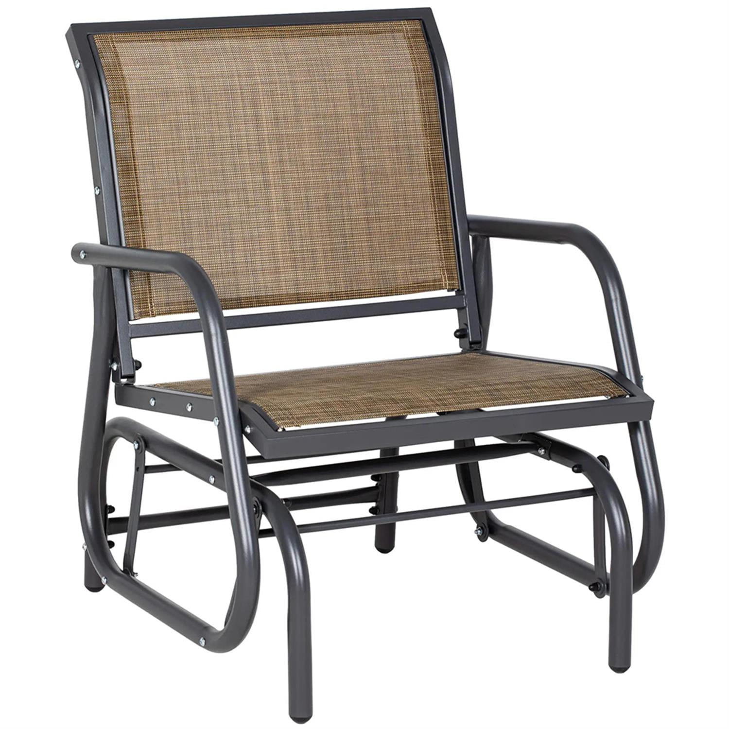 Demi Bonn Outdoor Glider Chairs, Metal Frame Swing Glider Chair with Breathable Mesh Fabric, Curved Armrests and Steel Frame for Garden, Poolside, Backyard, Balcony, Light Brown