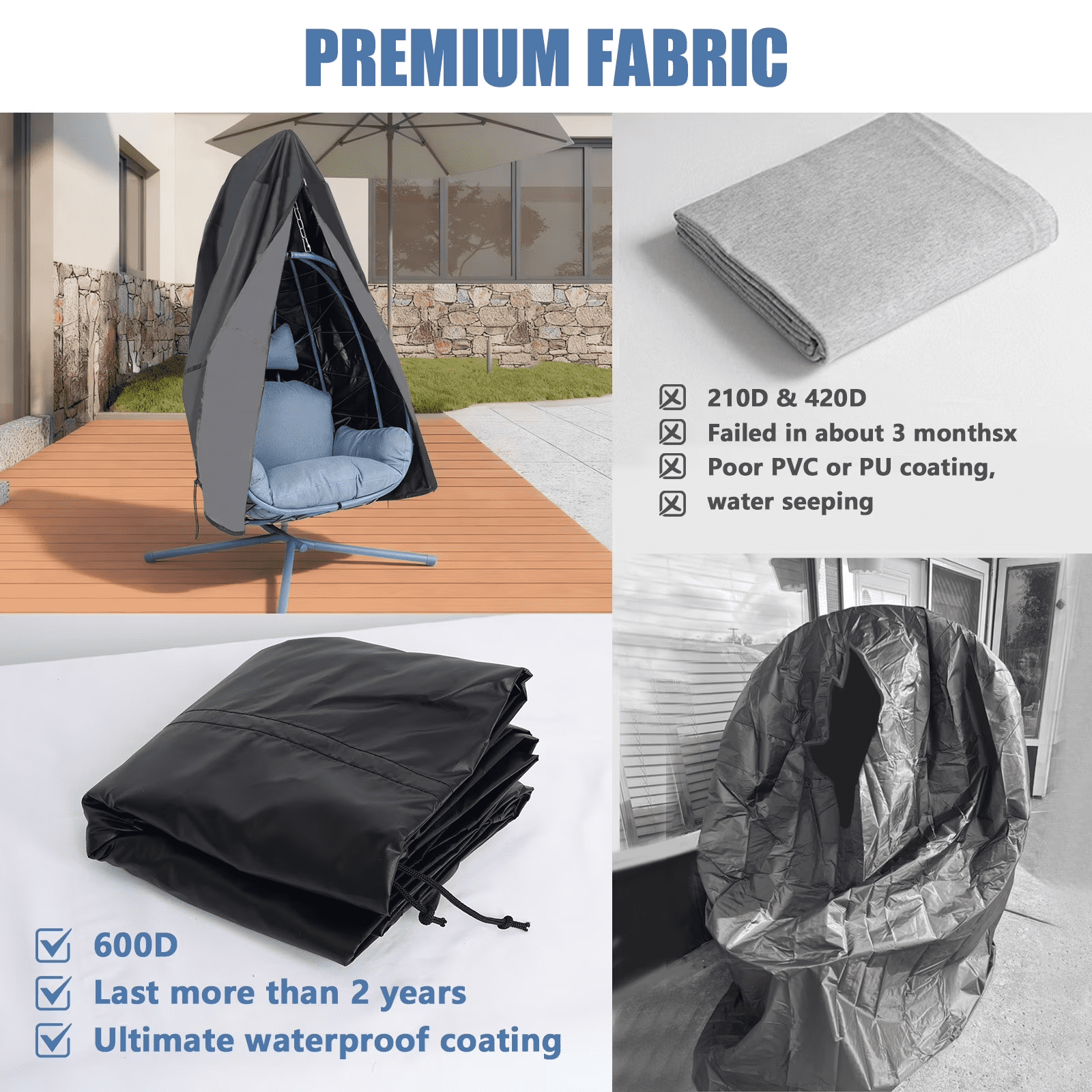 Waterproof Single Egg Chair Cover, Heavy Duty 420D Oxford Hanging Swing Chair Cover with Zipper, Buckle & Drawstring, Windproof Weather Resistant Outdoor Patio Furniture Protector
