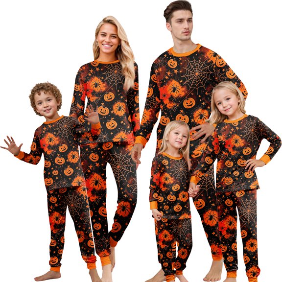 Mfakffe Halloween Spider Pumpkin Family Pajamas Long Sleeve Matching Loungewear Sets Soft 2-Piece Home Sleep Outfits for Daily Wear