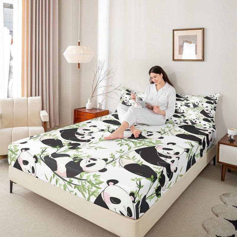 Cute Panda Fitted Sheet Full Size,Cartoon Wild Animals Bedding Set 3pcs for Kids Teens Boys Girls Room Decor,Green Bamboo Leaves Bed Sheet Set Natural White Bed Cover with 2 Pillowcases