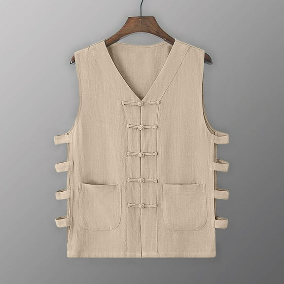 Herrnalise Men's Workout Shirts Men Casual Solid Waistcoat Cotton And Linen Undershirt Vintage Buckle Sleeveless