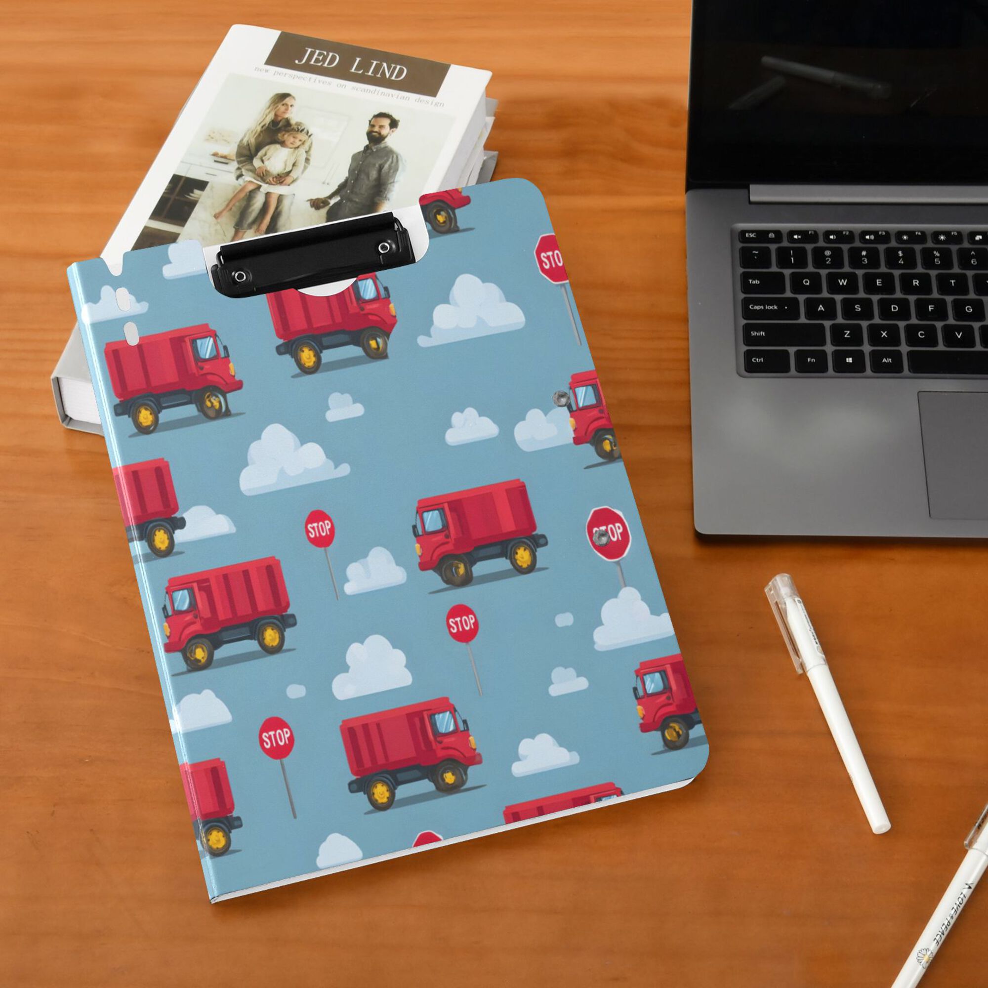 FORMRS A4 Clipboard Folder with Pen Holder Horizontal Foldable School Office Binder, Blue Truck Pattern