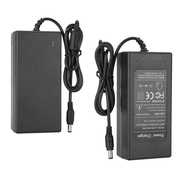 Desktop Power Adapter, 54.6V 2A power supply charger with durable ABS construction, featuring multiple protections including overcharge, short circuit, and over temperature safeguards. Includes LED indicator for charging status and wide voltage adaptability (100-240V). Compatible with headlights, toy cars, balance cars, and suitable as a car power adapter. Comes with a 5.5x2.5mm interface and optional plugs (US, UK, EU, AU).