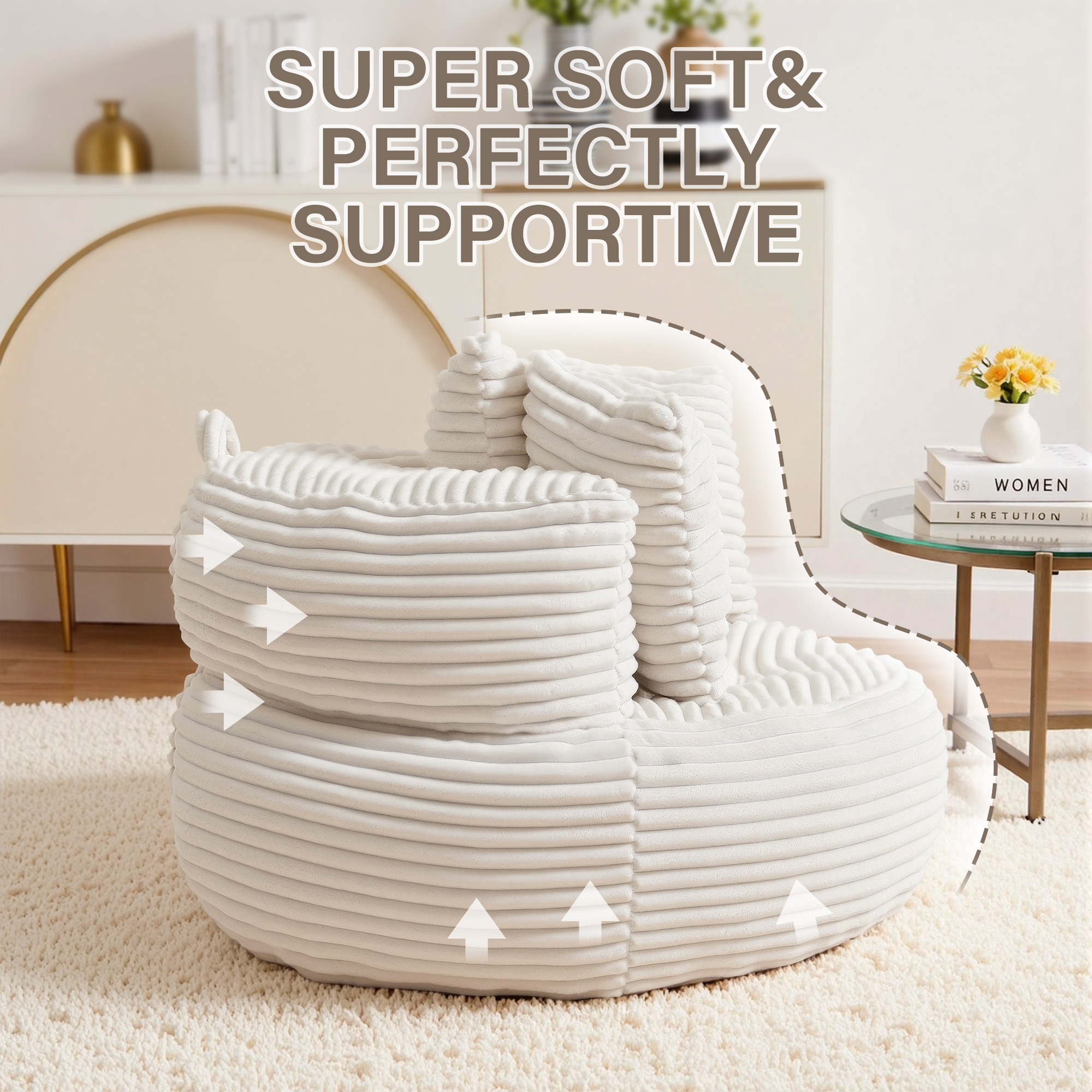 YINIX Oversized Bean Bag Chair with Backrest and Cushion, Cozy Round Floor Sofa for Living Room, Beige