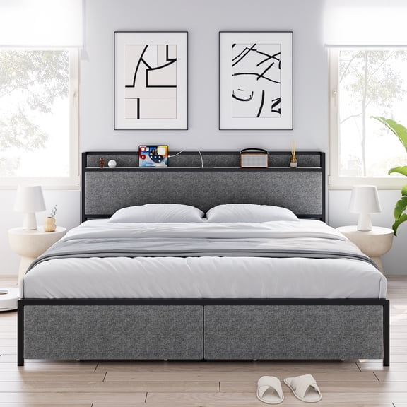 Senfot King Bed Frame with Headboard, Bed Frame with 2 Storage Drawers and Charging Station, Metal Platform Bed Frame with Upholstered Headboard, Noiseless, Sturdy, Easy Assembly, Dark Gray