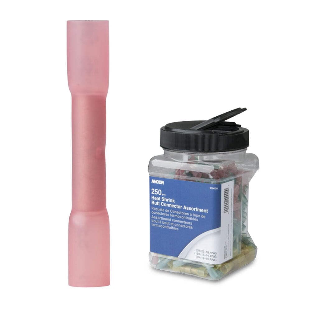 Ancor 309001 Red 22-18 Wire Range Marine Grade Heat Shrink Butt Connectors - 250 Pack