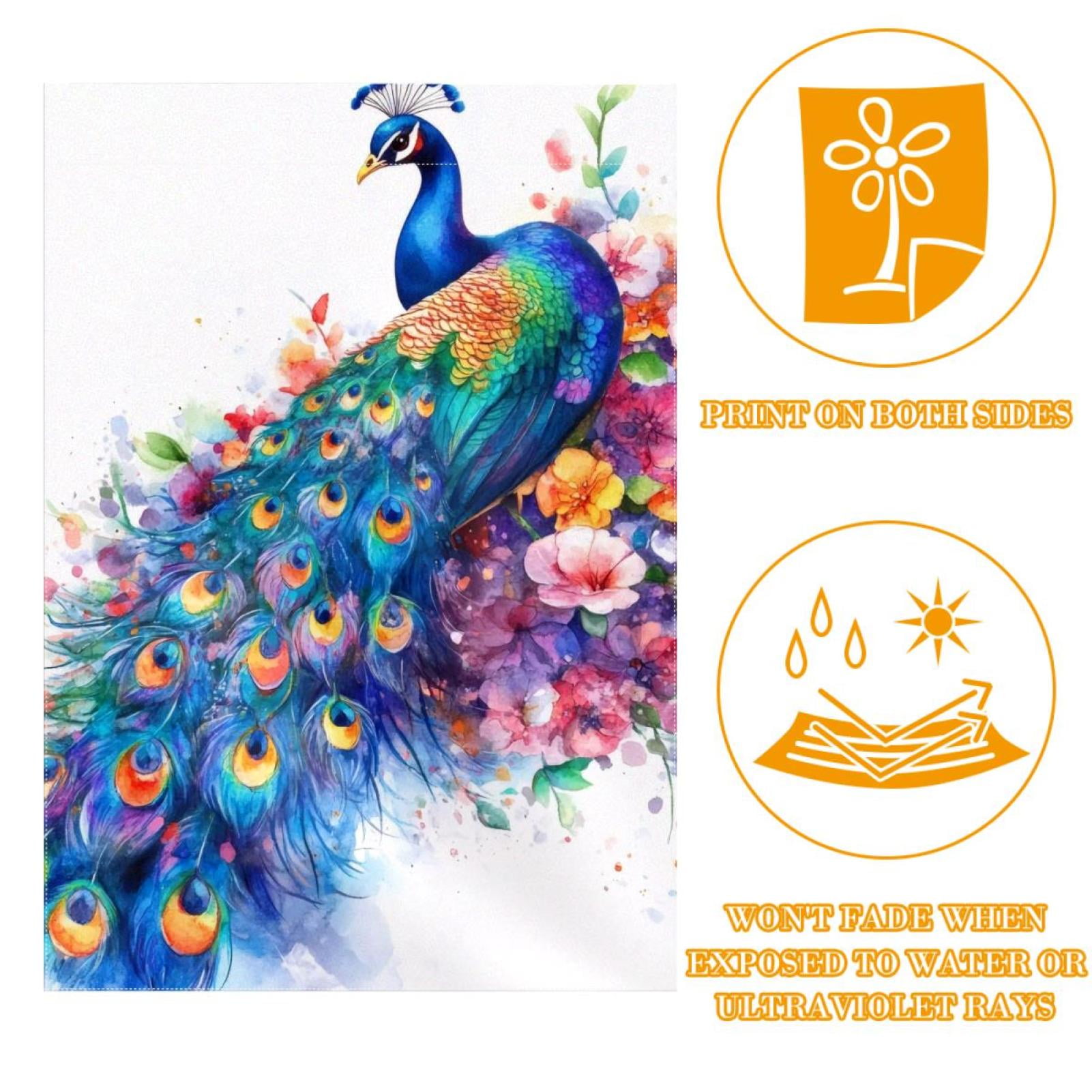 Watercolor Peacock with Feathers Flowers Double Sided Garden Flag Decorative Weather Resistant Yard Flag, Large DIY Vertical Flag for Farmhouse Patio Lawn, 28x40 Inch