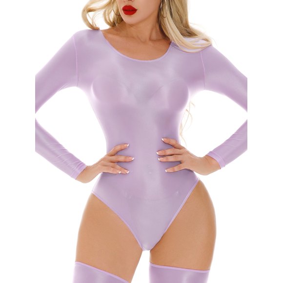 Aiihoo Women's High Cut Long Sleeve Bodysuit Sexy Slim Bikinis Oil Glossy Tights One Piece Thong Leotard Lavender M