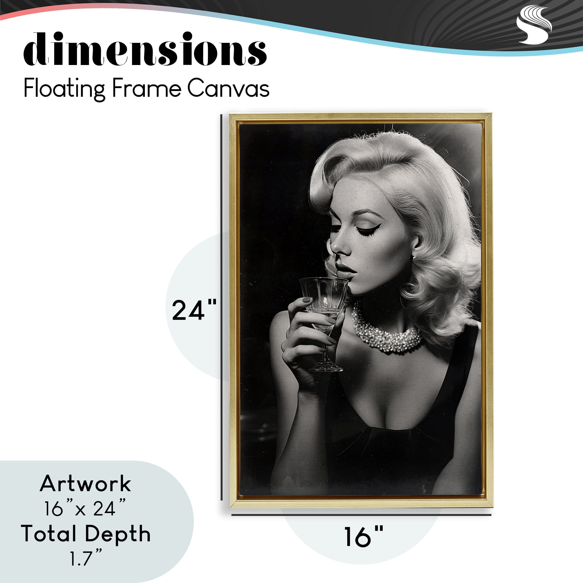 Classic Woman & Martini Gold Framed Floater Canvas Wall Art, design by Decent Exposures