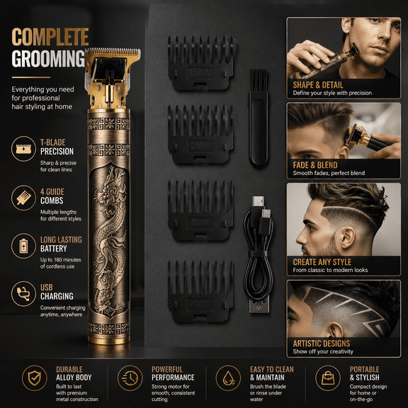 Premium Cordless Hair Clippers & Beard Trimmer, Rechargeable T-Blade Grooming Kit Featuring Zero-Gap Precision Cutting Blade and 4 Guide Combs