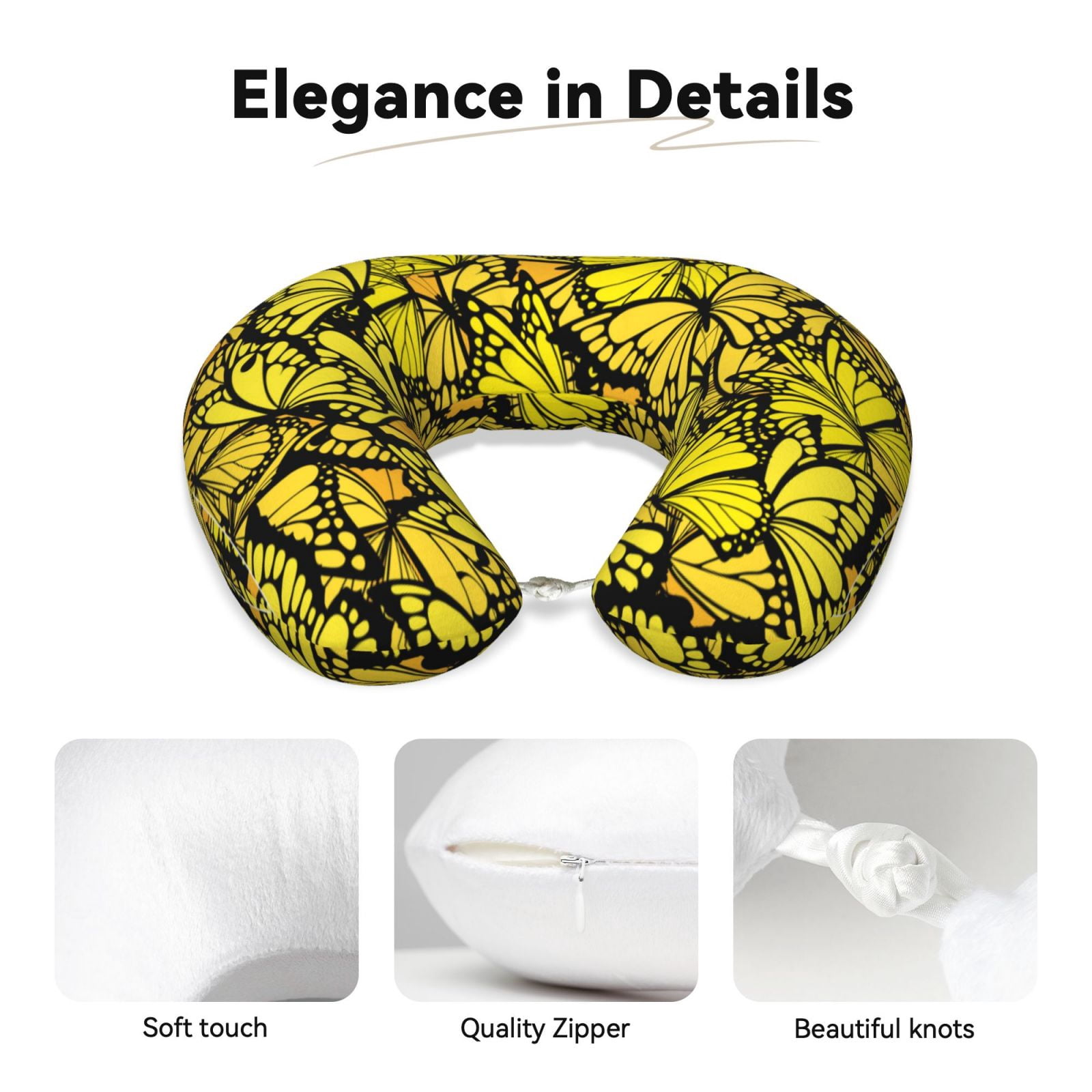 Xecao Yellow Butterflies Print Memory Foam Cervical Neck Pillow Versatile U-Shaped Pillows for Home,Office,Camping,Travelling,Soft Washable Cover