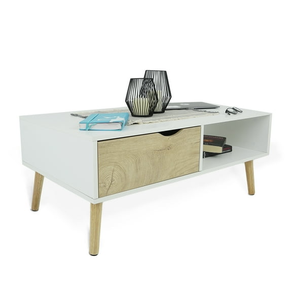 Mesa de Centro para Sala de Madera Diseño Minimaliista Mesa Auxiliar para Cafe Ideal para Dormitorio Oficina con Cajon y Estante Gaon