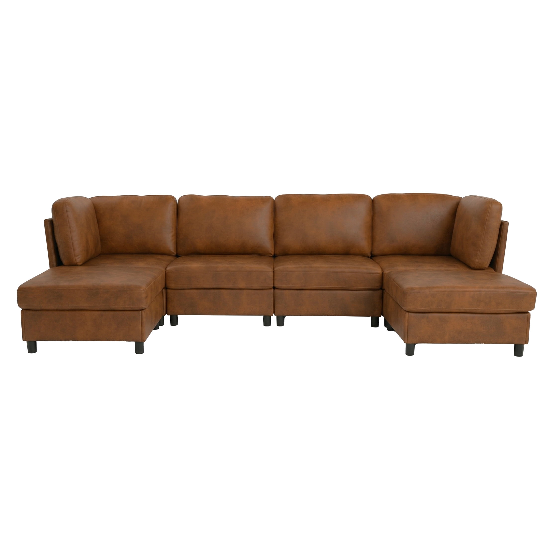 Noble House 6-Seat Modular Sectional Sofa with Convertible Ottoman, Foil Fabric Corner Couch, Light Brown