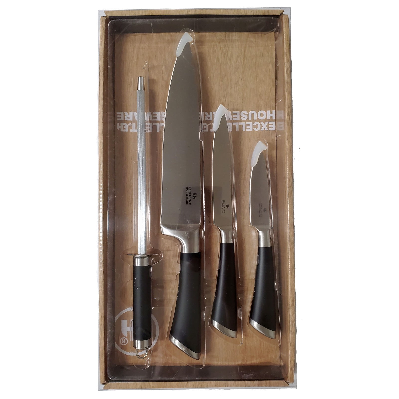4 Piece Black Handle Kitchen Knife Set with Knife Sharpener New