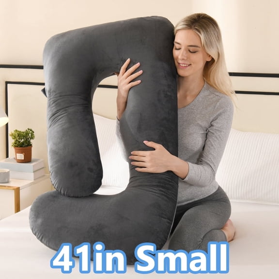 J Shaped Full Body Maternity Pillow, 41 Inch Small Pregnancy Pillow for Sleeping, Removable Velvet Cover, Body Pillow Supports Back, Belly & Legs for Side Sleepers,Colors include charcoal gray, light