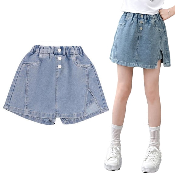 LYMAYTER Teens Girls Children Denim Skirt Summer Stretch Waist Casual Shorts 5-14Y