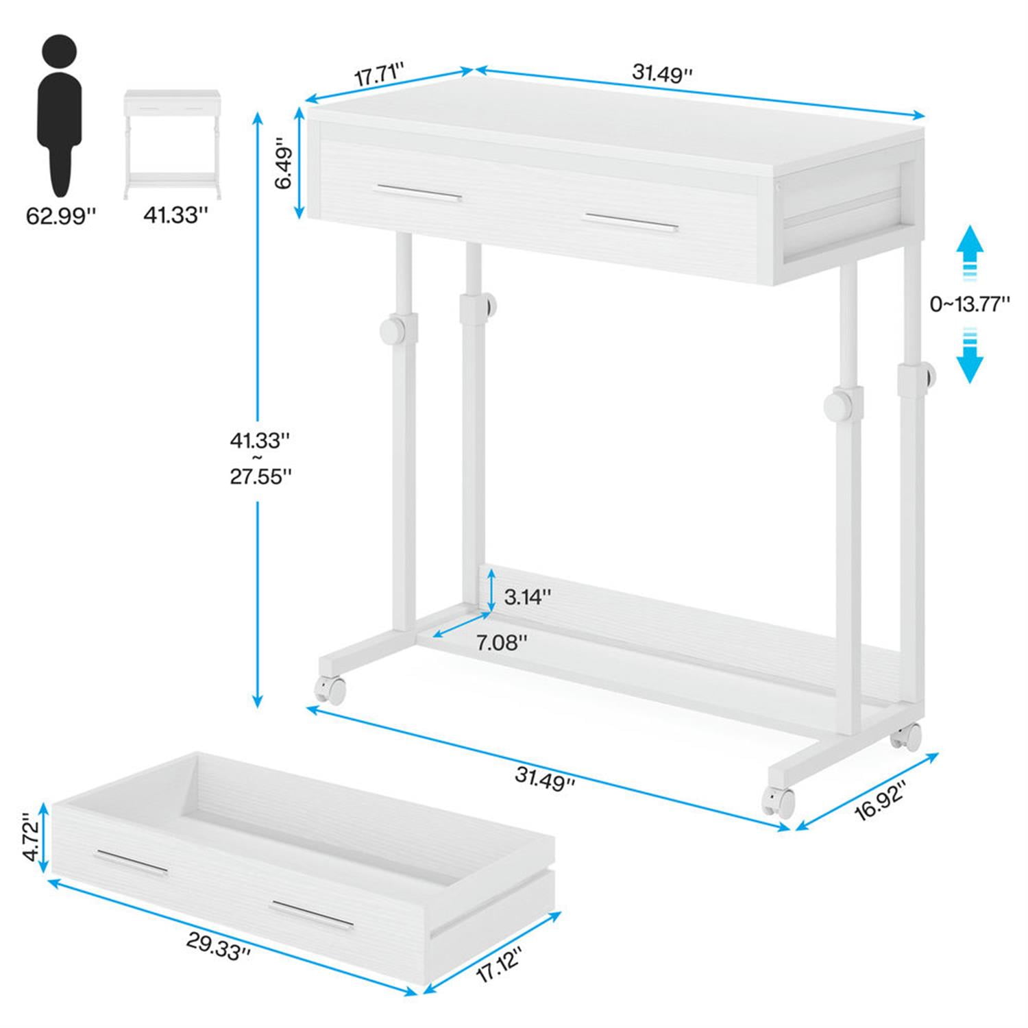 Demi Bonn 41" Height Adjustable Computer Desk with Drawers, Portable Duty Study Writing Gaming Table for Home Office, Mobile Side Table, White