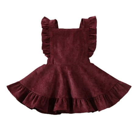 

Toddler Baby Girls Strap Suspender Skirt Solid Color Velvet Backless Ruffle Strap Overalls Skirt