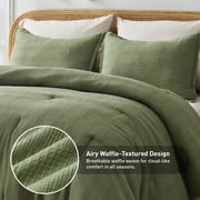 Regency Heights Waffle Weave Comforter Set with Throw Blanket, 5-Piece Textured Comforter for All Season, Full/Queen Lightweight Waffle Bedding Set for Bed & Sofa Couch, Green