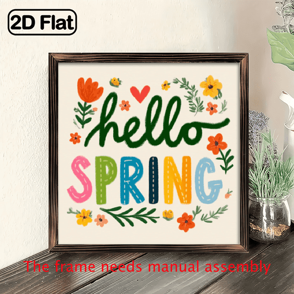 2D Flat, 1pc Hello Spring Wood Framed Sign 8x8 Inch Vibrant Floral Spring Decor with Colorful Hello Spring Lettering, Printed Easter Spring Decoration, Tabletop Art for Home, Office.