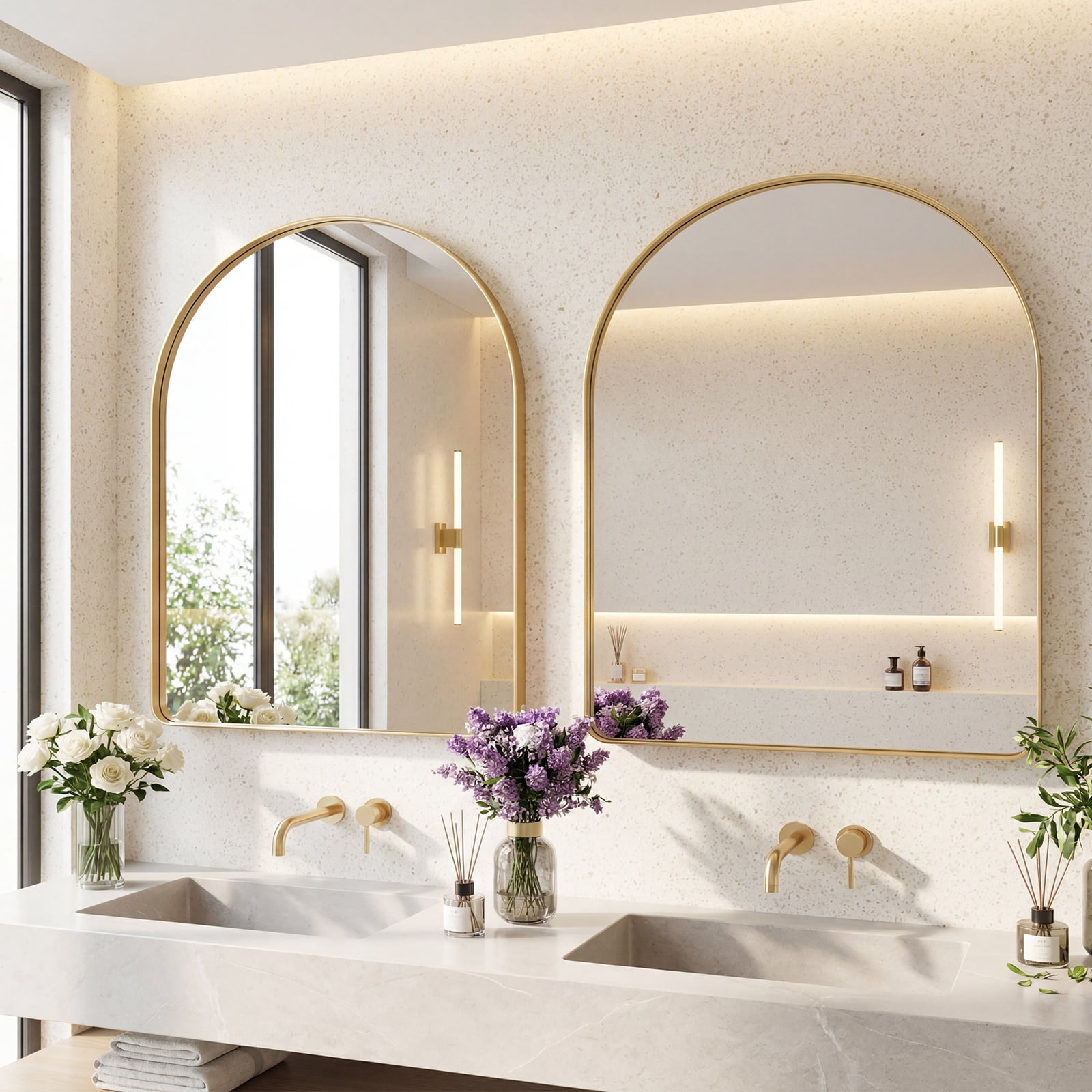GIANNA 32"x34" Arch Top Straight Bottom Bathroom Mirror – Rectangular Metal Frame with Groove Accents, Wall-Mounted Vanity Mirror, Gold