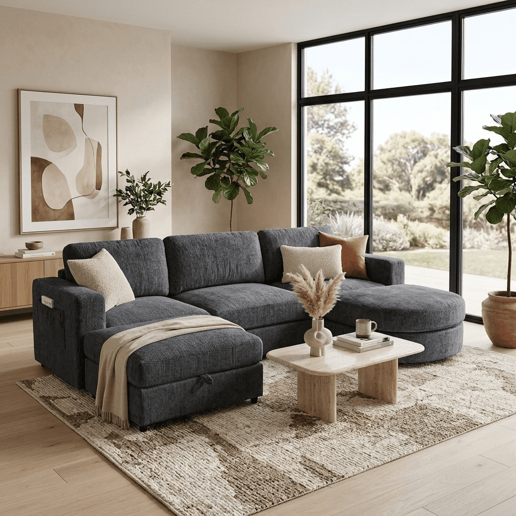 Wakefit 102.4" U-Shaped Sectional Sofa with Storage Ottoman & Curved Chaise,Modern Chenille Modular Couch with Drop-Down Console,Built-in Cup Holders & Side Pockets for Living Room,Grey