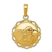 Finest Gold 14K Yellow Gold Polished Angel On Round Scallop Frame Pendant