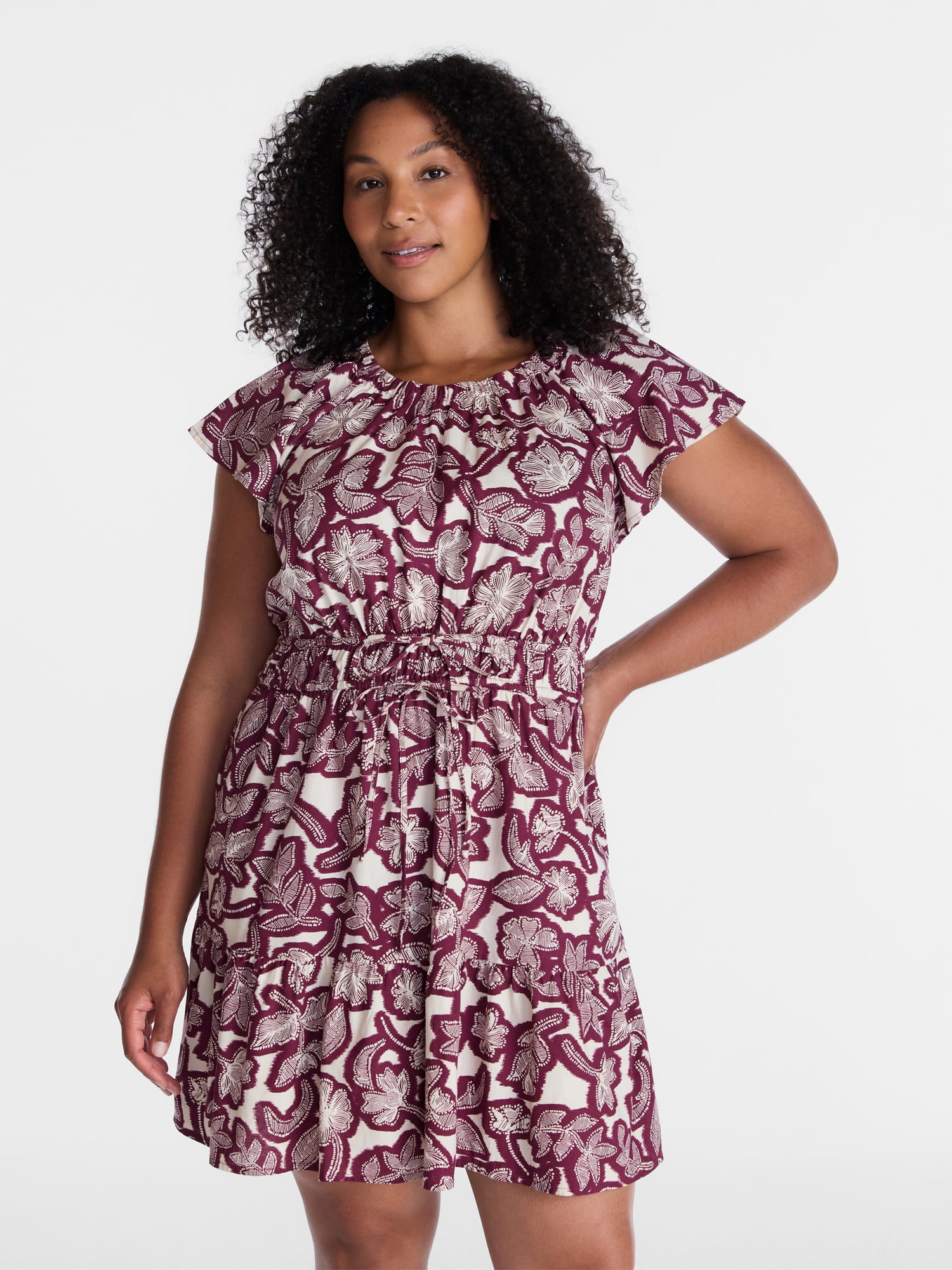 Time and Tru Women's Cinched Waist Mini Dress with Flutter Sleeves, Sizes XS-XXXL