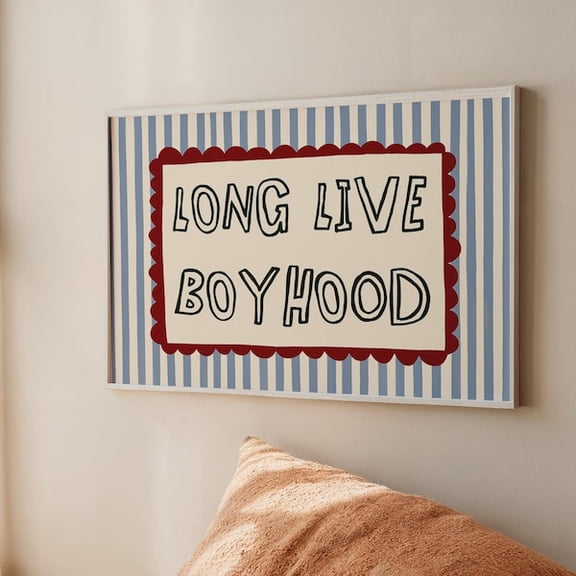 Long Live Boyhood Poster - Red and Blue Striped Room Decor, Unframed Paper Poster 8x10in