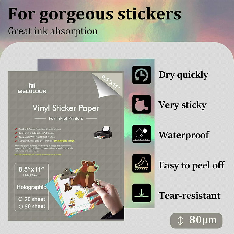 22 Sheets A4 Holographic Sticker Paper Fast Ink Absorption WaterproofFilm  for Inkjet Printers
