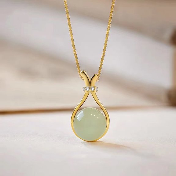 Lucky bag Brass with Glass Imitation Jade Pendant Necklaces for Women Golden 17.72 inch(45cm)