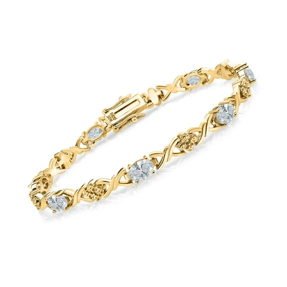 Gem Stone King 18K Yellow Gold Plated Silver White Zirconia Tennis Bracelet for Women (3.01 Cttw, Gemstone Birthstone, Oval 6X4MM, 7 inch)