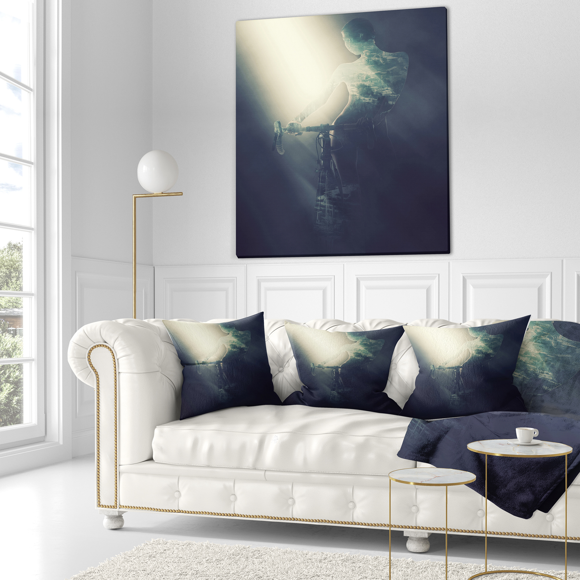 Designart Woman with Bicycle in Spotlight - Portrait Throw Pillow - 18x18