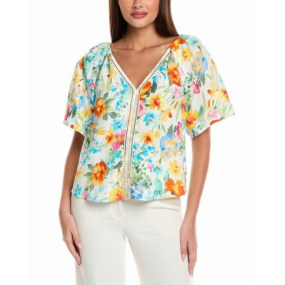 T Tahari womens  V-neck Linen-Blend Blouse, xs, White