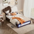 thumbnail image 4 of Churanty Kids Upholstered Platform Bed with Bear Shaped Headboard, Cute PU Twin Size Wooden Bed Frame with LED Light Strips for Boys Girls, Brown+White, 4 of 11