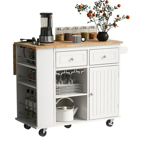 EUROCO 40" Kitchen Islands with Power Outlet,Kitchen islands cart with Drop Leaf,Rubber Wood Top,2 Drawers,Adjustable Shelves,5 Wheels,Wine Rack for Kitchen,Dining room,Home,Bar